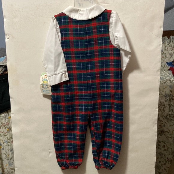 Infant Boys HOLIDAY PLAID 3-Piece OUTFIT: LS WhiteButton SHIRT, Long OVERALL + - Picture 4 of 7